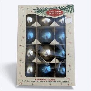 12 Vtg Glass Christmas Ornaments in Shiny Brite Box USA Made Blue Silver 2" READ